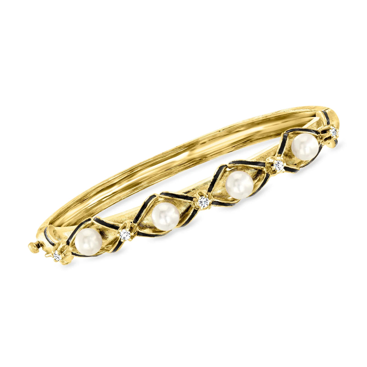 and With Diamond t.w. Pearl .25 Bangle ct. Adult, Yellow 14kt Pre-Owned Vintage Ross-Simons Women's, 5.5mm Enamel Bracelet Black C. in Gold, 1970 Cultured