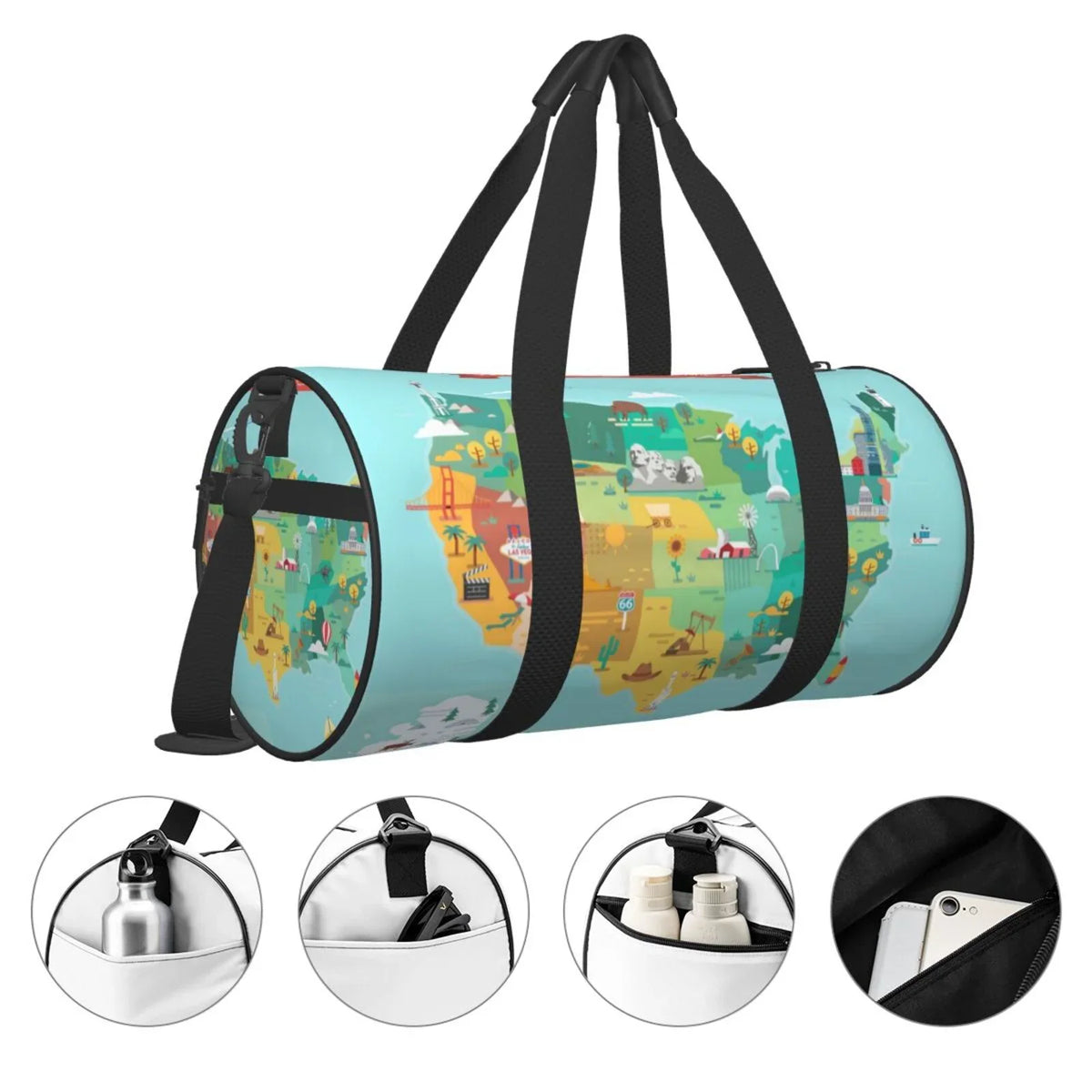 USA Travel Bag Bag Luggage Coaee with Tourist Map Cylinder and Gym Pocket Large Capacity Sports Bag Compartment Waterproof