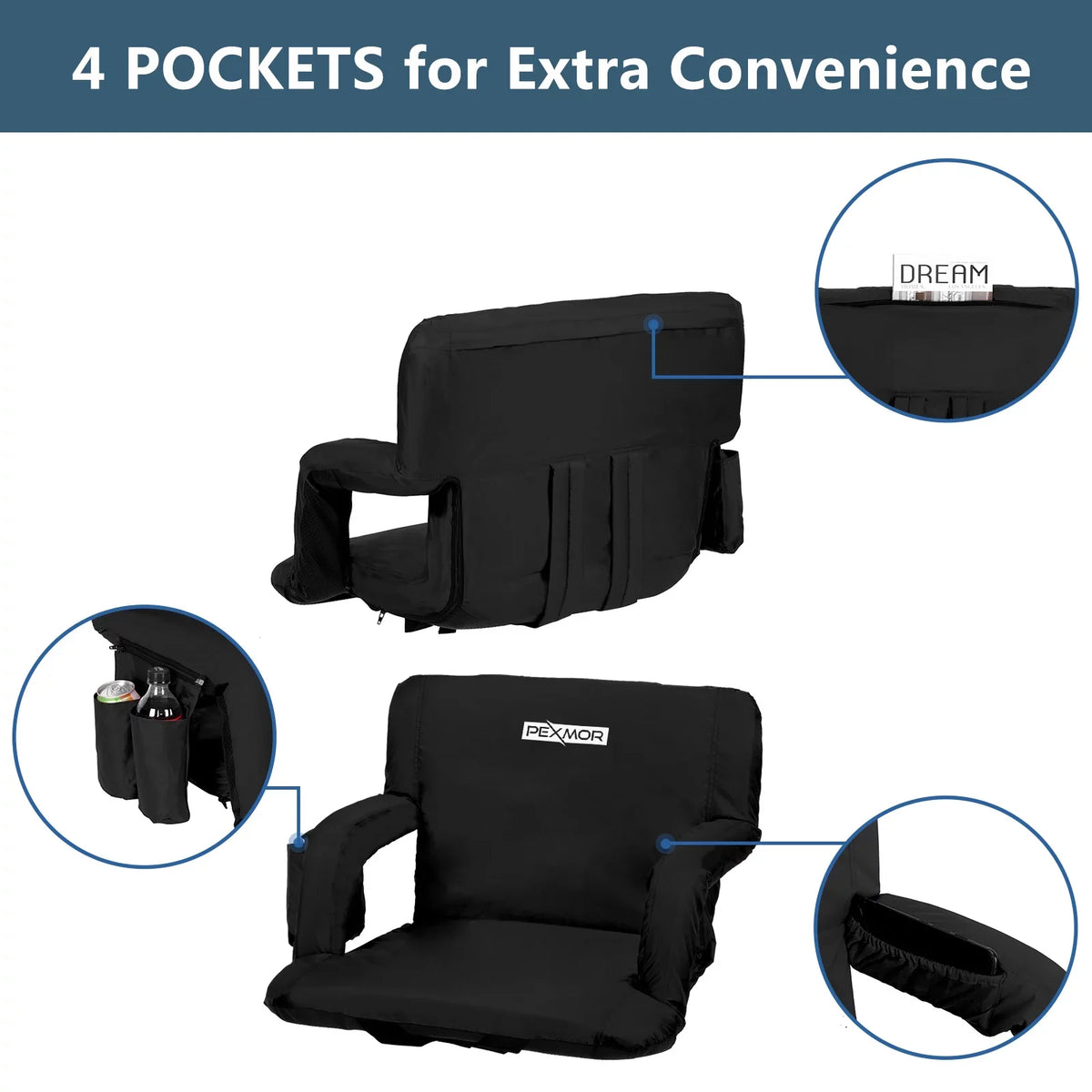 21'' & Bag, Cushion, Carrying Bleachers 2-Pack PEXMOR Stadium Support Portable for Standard Seat Back Reclining with Width