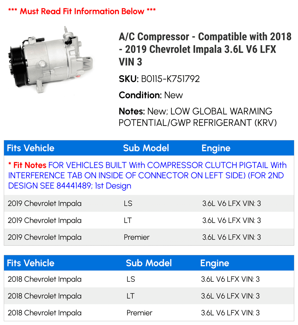 3.6L - Compressor with Impala 2018 2019 LFX Compatible VIN - 3 A/C V6 Chevy