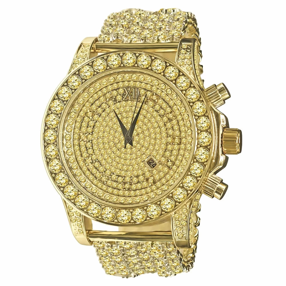 Mens Custom Band Iced Gold Tone Yellow Diamonds Simulated Solitaire Watch Canary Bling Master Out