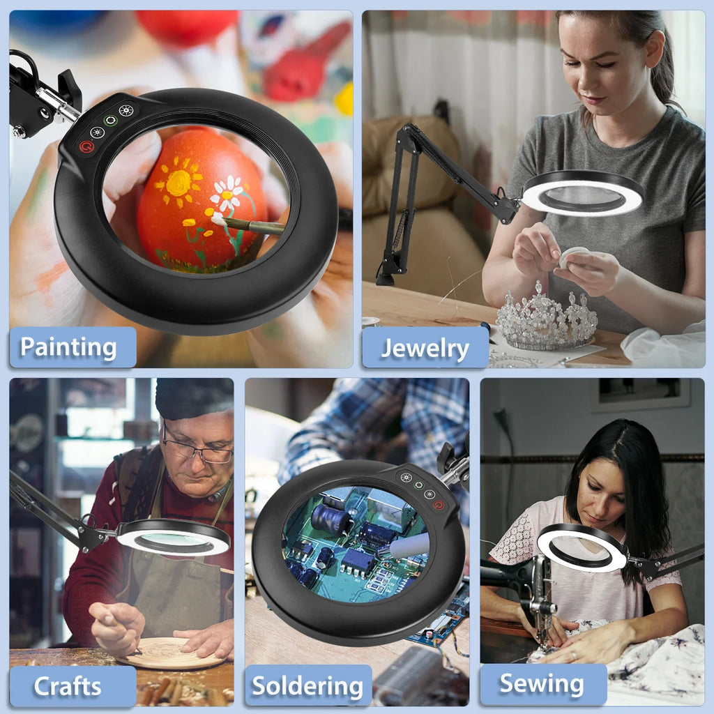 Magnifying Light for Clamp, Lighted Work, Free Desk 2-in-1 Close Lamp Modes Magnifier Dimmable, Sewing Painting, LED with Craft, Hands Magnifying Color 10X with Stepless 5 Glass and Stand,