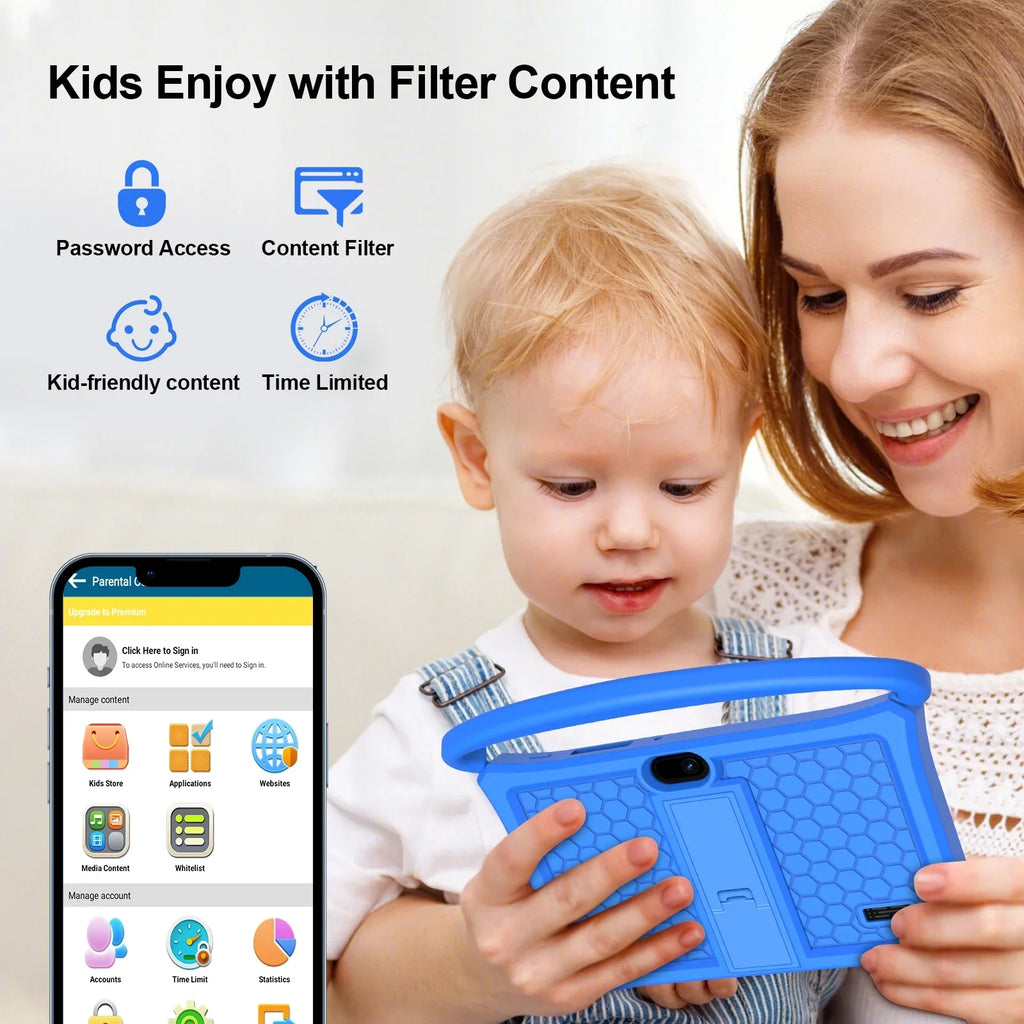 7 11 Play(Blue) Tablet, Kids Android Learning Apps Case, Parental Protective Bluetooth, Control for RAM ROM, Pre-Installed Tablet 32GB BAKEN 2GB inch Google WiFi6, Toddlers Kid-Proof Children Tablet,
