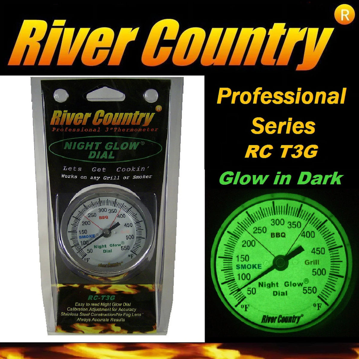River Country 3" 'Night Grill, (RC-T3G) Thermometer Premium BBQ, Glow' Smoker