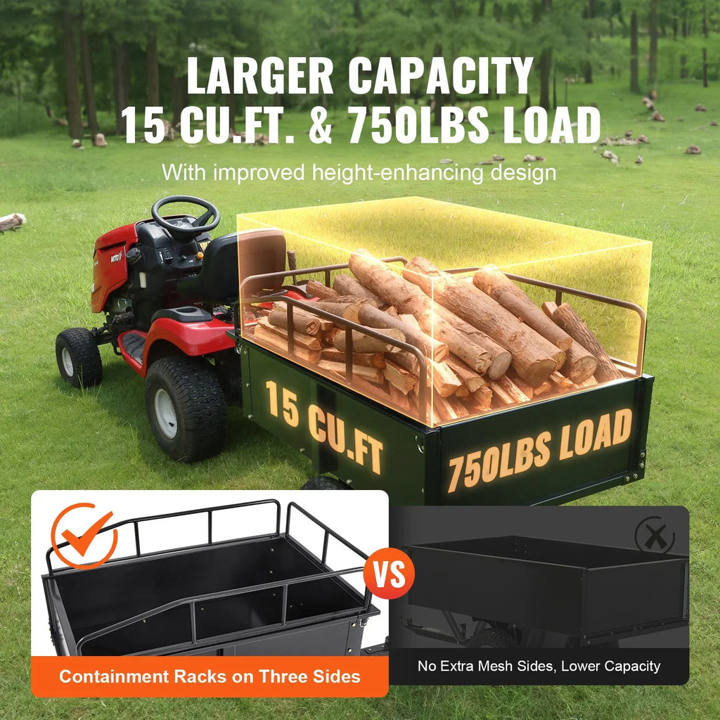 Dump VEVOR Utility 15 Garden Steel for Cubic Cart ATV Feet Mower Heavy Lawn with 750lb Capacity, Riding Trailer, Duty Trailer Tractor