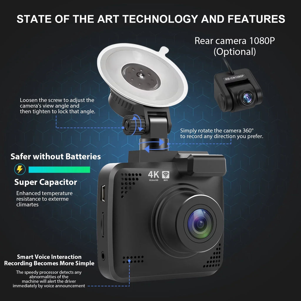 Cam Recording, Dash Wide Car Rear with WDR, Front Cam Loop Night Dash Camera, 4K Monitor, Angle Built-in GPS 2160P G-Sensor, Vision, Recorder Cars, WiFi & with 170° Parking FHD and Driving for