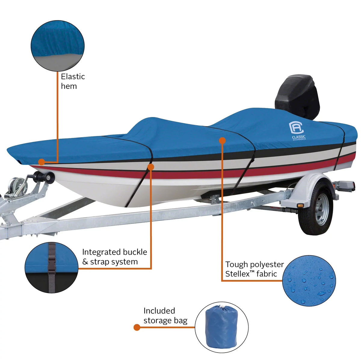 with Fabric, Boats Classic B 16' Accessories Boat Fade-Resistant Trailerable - Cover Polyester W, Boat Cover, 90" All Fits x Stellex™ Seasons L 14' Model