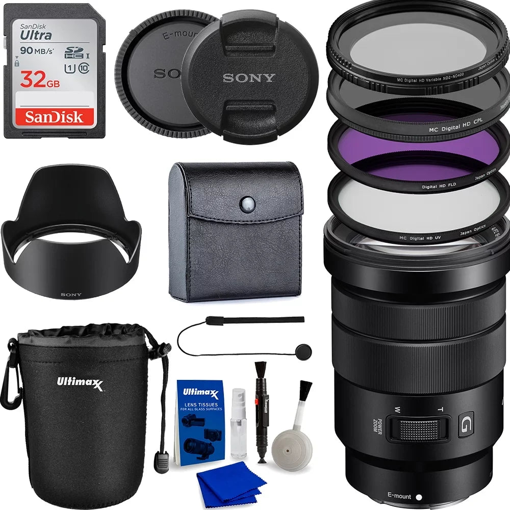 (UV,CPL, f/4 Memory Card, - Bundle Sony E Resistant Essential with PZ Lens 18-105mm Neu Includes: with 3 Water OSS SanDisk Accessory 32GB Multicoated Case Pouch, FLD), Piece Variable Filters Lens G HD