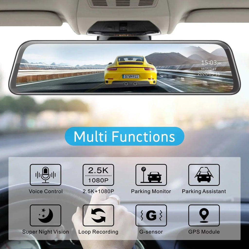 Emergency w/Anti-Glare, Waterproof TOGUARD 12" Mirror Dash Rear Voice with 2.5K Camera, Cam Control Front and Lock, Parki Vision Cam Rear Dash with View Wireless Backup Night GPS, Screen, Touch Mirror