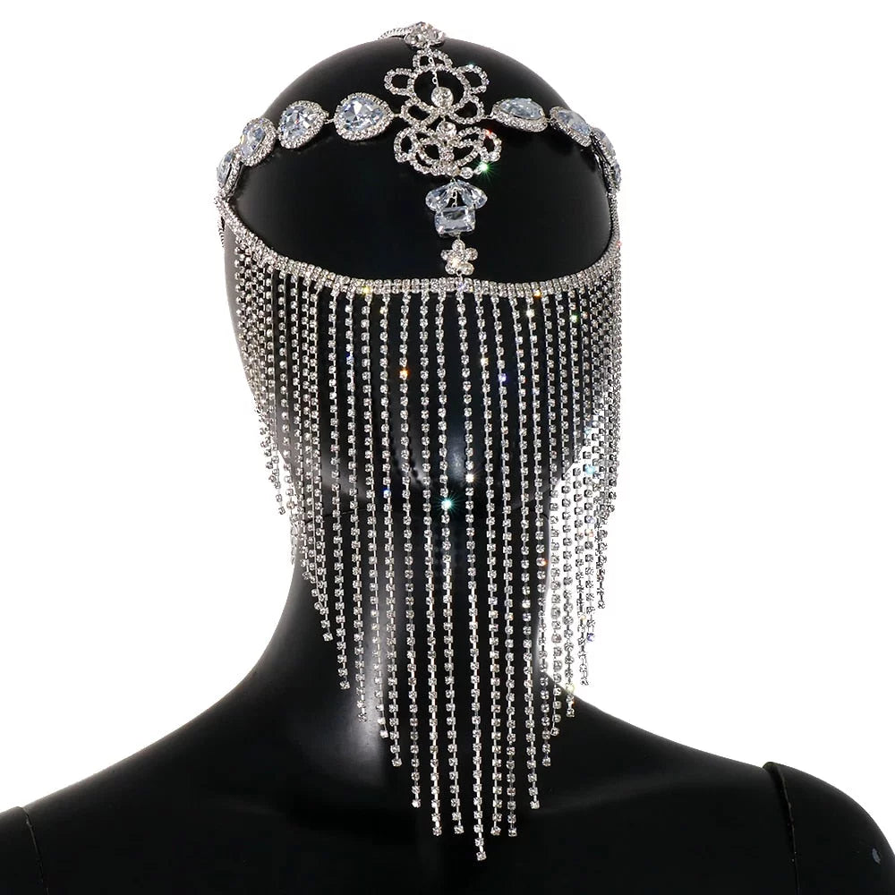 Rhinestone Hair Party Chain Face Halloween Mask for Masquerade Crystal Face Mask Women Jewelry Tassel