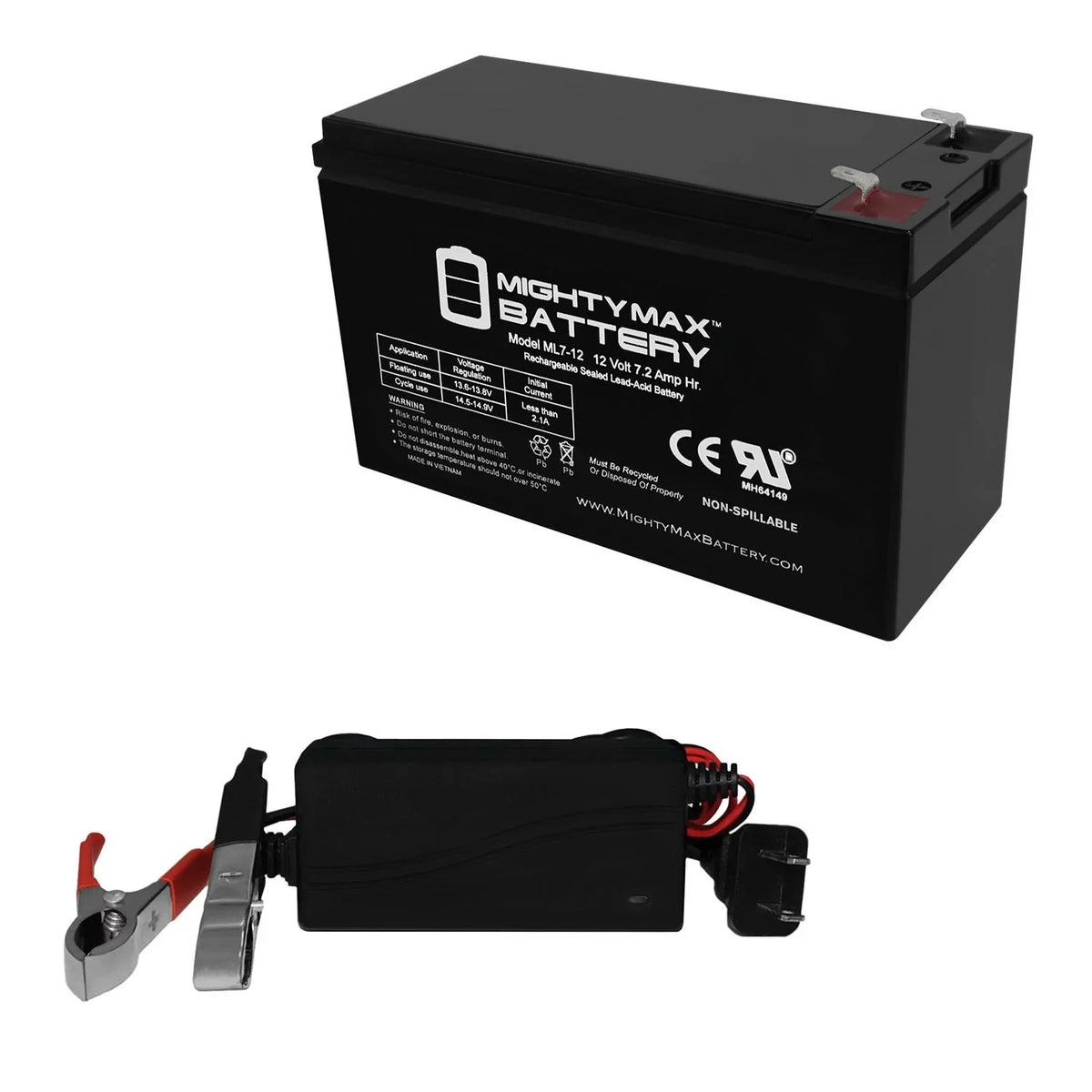 Replaces + Battery ZS06, 1Amp Sea-Doo 12V Charger 12V EVX1272F2 7.2AH