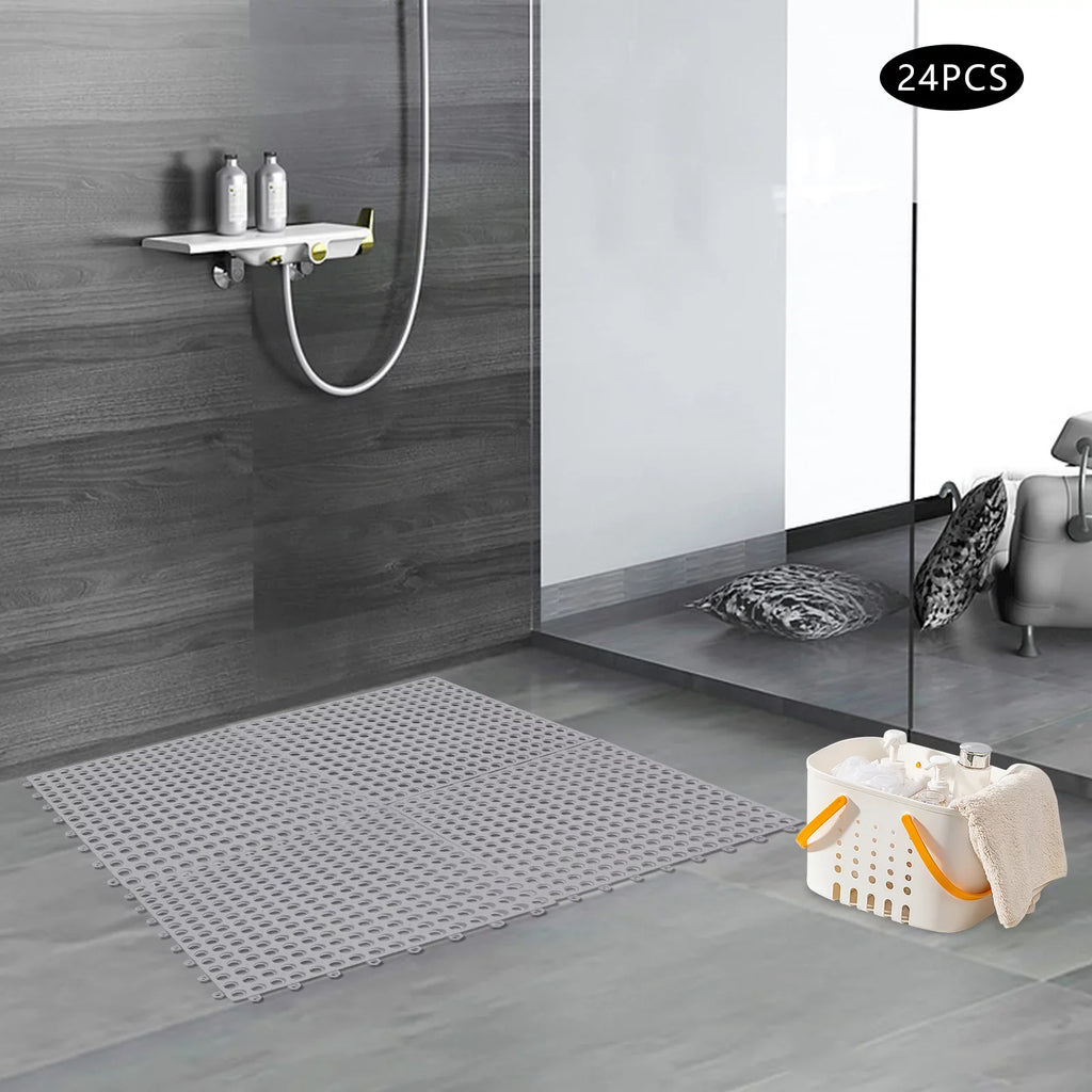 PVC with Nonslip Gray Floor Bathroom, Shower Drainage Bath Mat 11.8*11.8" for 24PCs Interlocking Holes Kitchen, Mat,Soft Pool