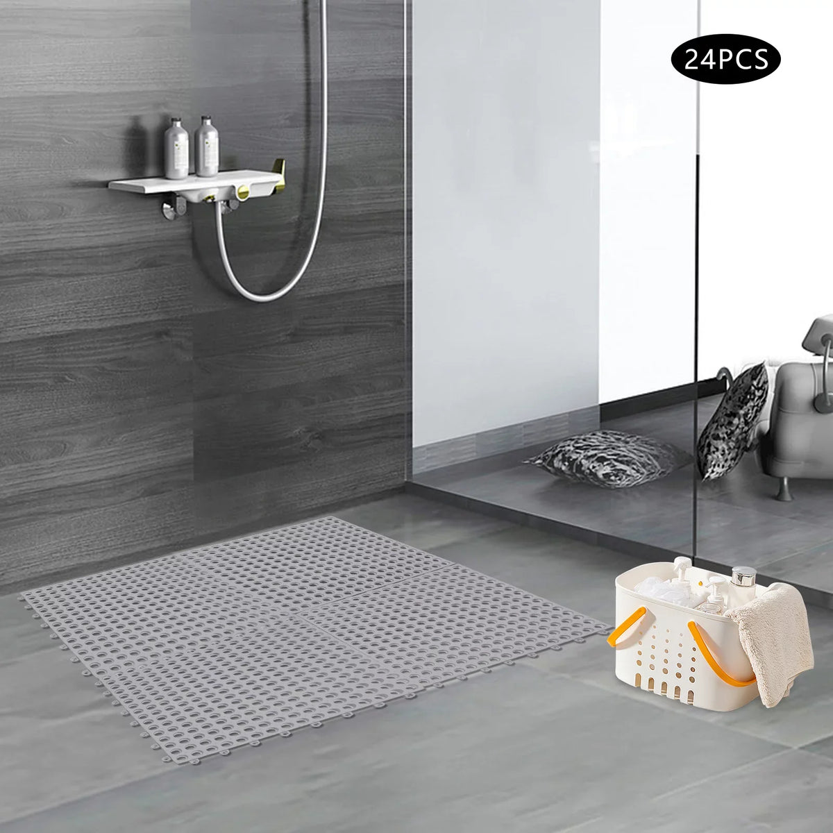 PVC with Nonslip Gray Floor Bathroom, Shower Drainage Bath Mat 11.8*11.8" for 24PCs Interlocking Holes Kitchen, Mat,Soft Pool