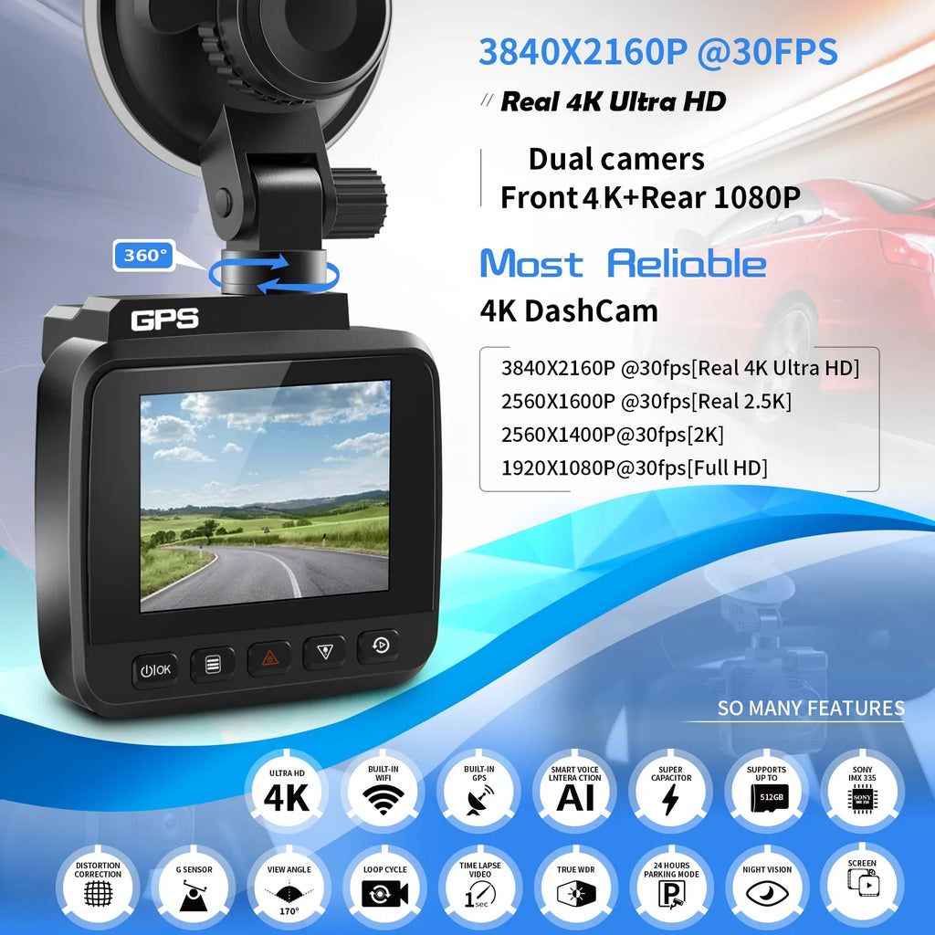Cam Recording, Dash Wide Car Rear with WDR, Front Cam Loop Night Dash Camera, 4K Monitor, Angle Built-in GPS 2160P G-Sensor, Vision, Recorder Cars, WiFi & with 170° Parking FHD and Driving for