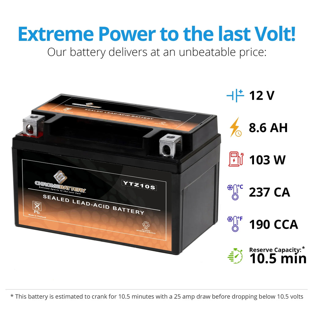 1000 2018) (YTZ10S 190 Battery Motorcycle Al8 Gsx-r1000, CCA) Battery Cc (2017 - YTZ10S-BS Suzuki Ah, Volt,8.6 Z, Years 12 Chrome for
