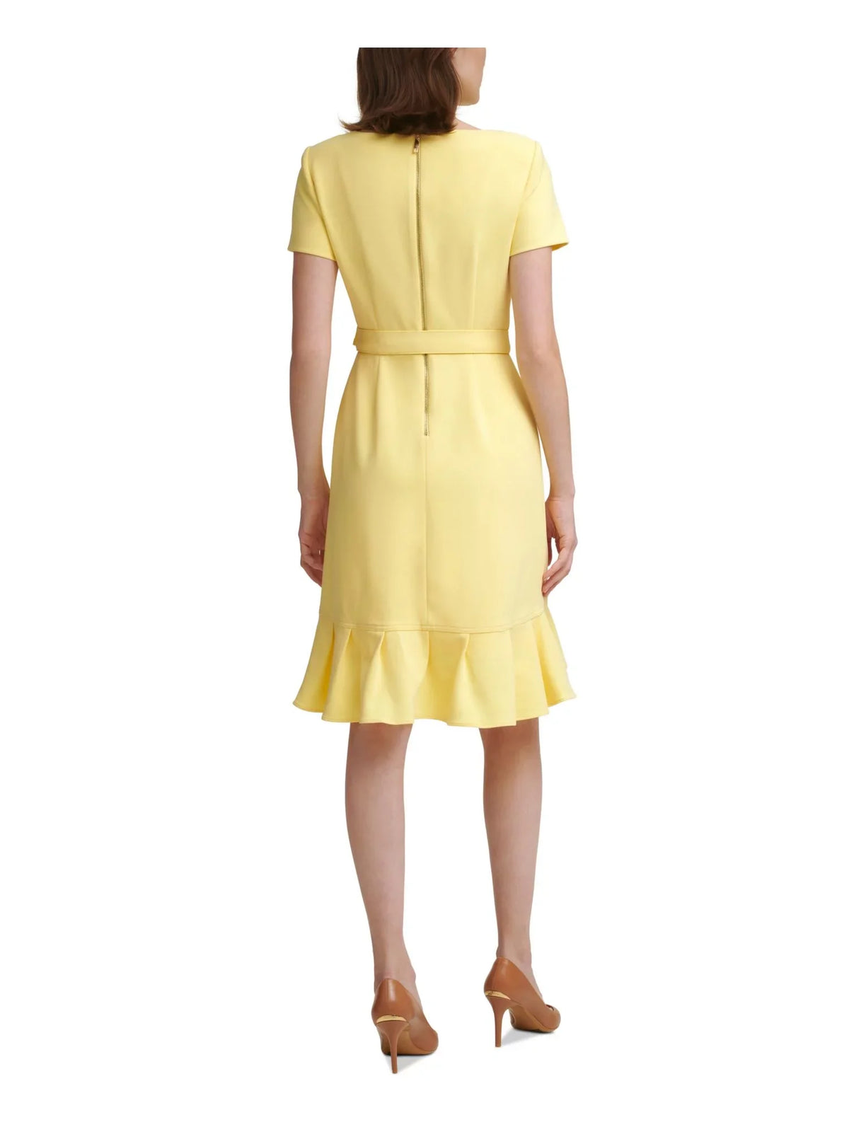 Party Sash Sleeve 0P Crepe Length Hem Neck Zippered Womens Stretch Scuba KLEIN Petites Sheath CALVIN Tulip Tie Short Dress Ruffled Round Knee Yellow