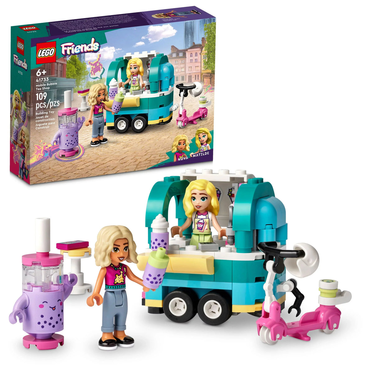 41733, Plus with LEGO Friends Shop Boys for Pretend Vehicle Fun Tea Ages Mini-Dolls Set Mobile Bubble Toy Play Girls 6 and and Scooter