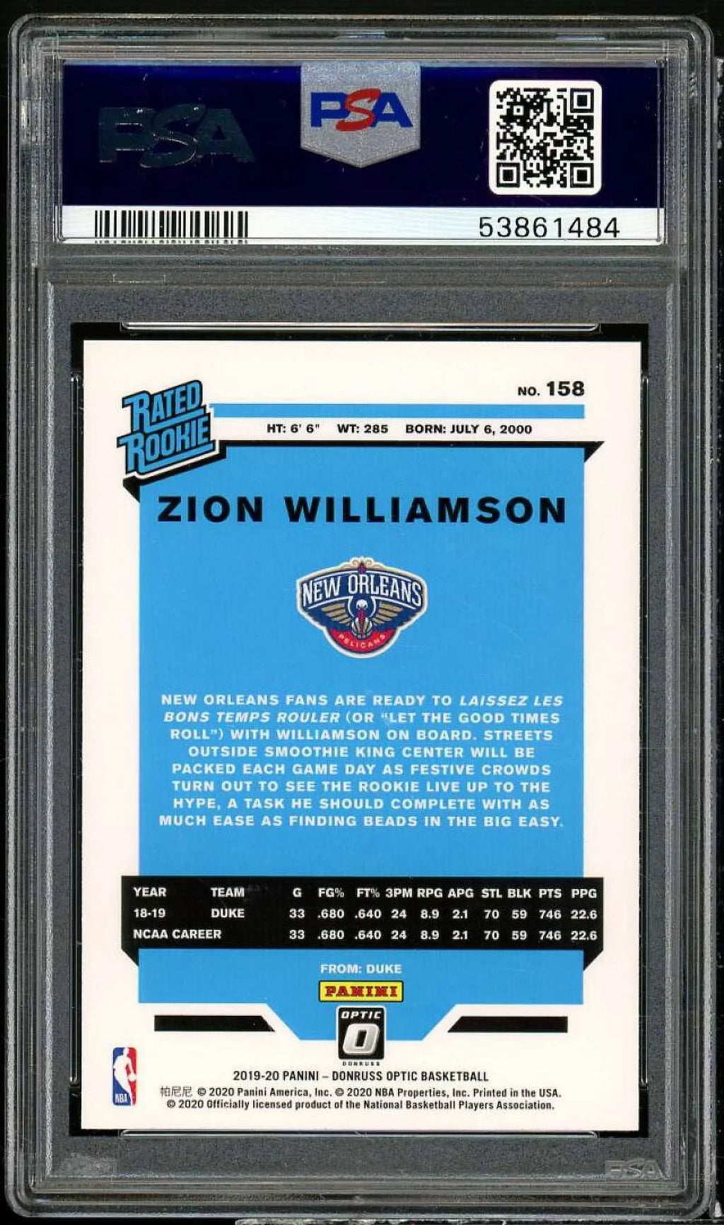 9 Optic Rookie #158 Panini Zion Card 2019-20 PSA Williamson Donruss