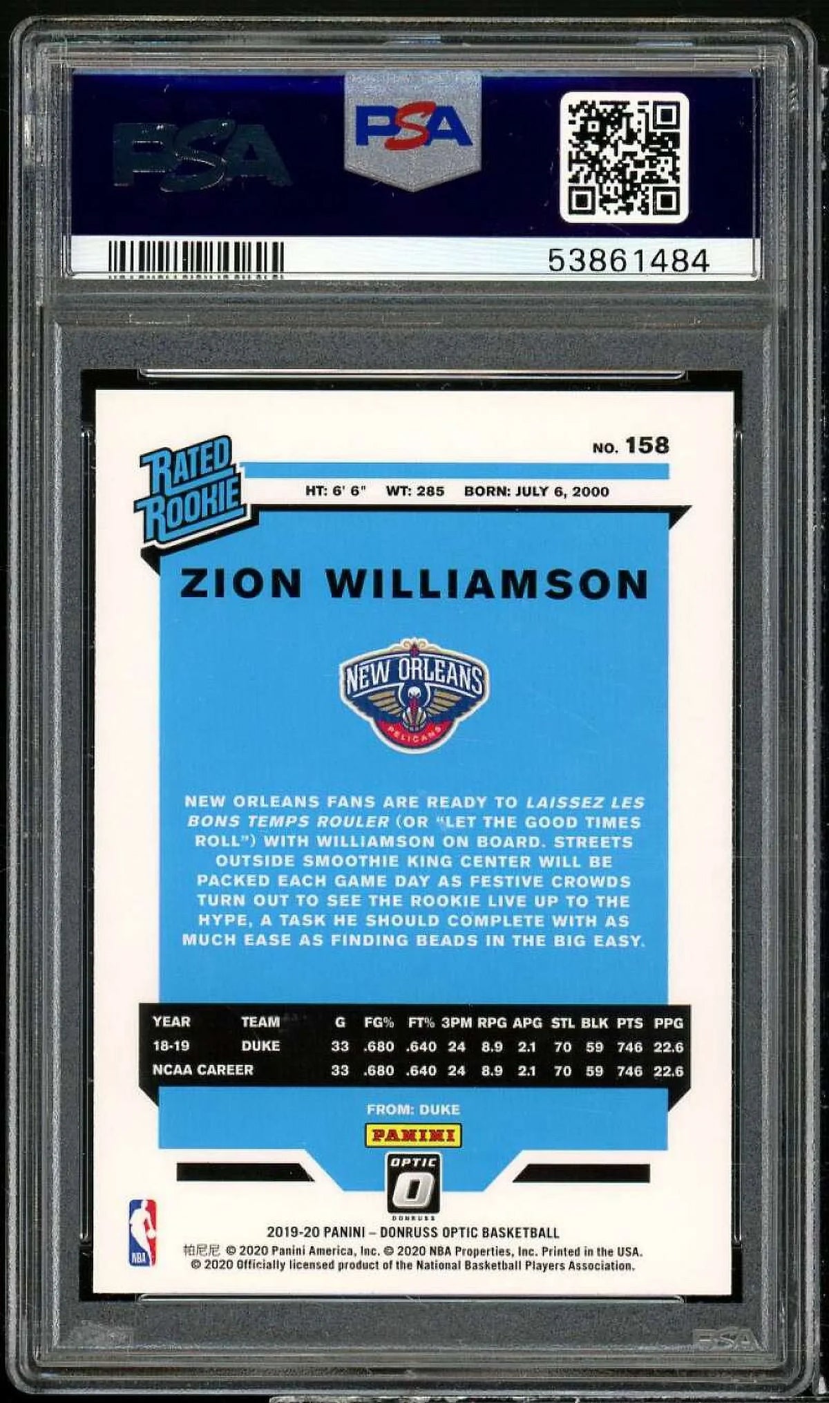 9 Optic Rookie #158 Panini Zion Card 2019-20 PSA Williamson Donruss