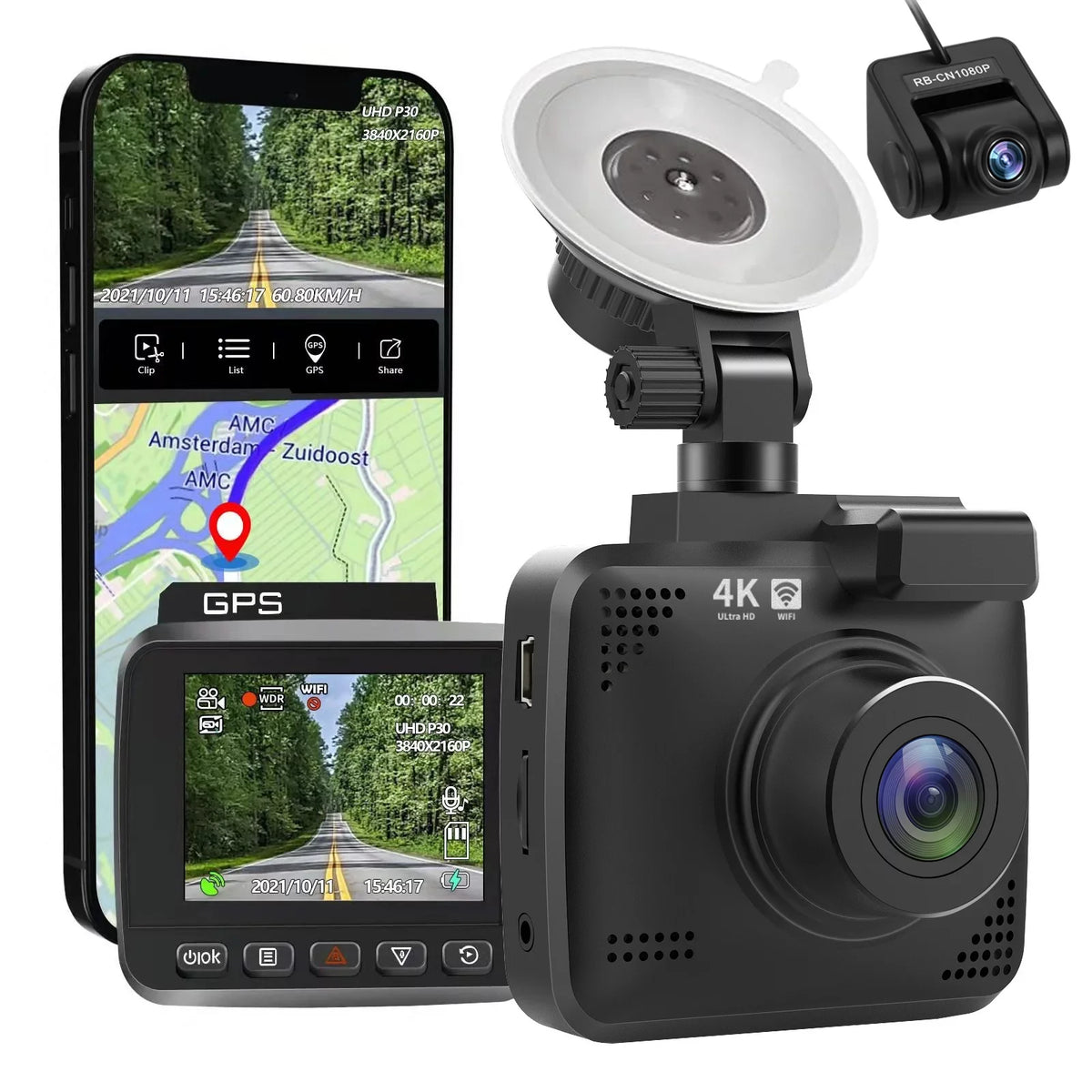 Cam Recording, Dash Wide Car Rear with WDR, Front Cam Loop Night Dash Camera, 4K Monitor, Angle Built-in GPS 2160P G-Sensor, Vision, Recorder Cars, WiFi & with 170° Parking FHD and Driving for