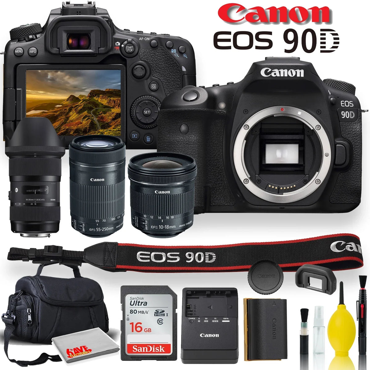 EOS Canon 55-250mm, - Triple Case, Padded 90D EF-S Canon EF-S 10-18mm, Memory Camera More and Set Soft Canon DSLR Lens With Sigma 18-35mm, Card,