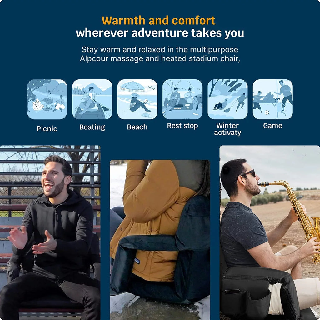 Back Alpcour Thick Chair Waterproof Massage Black - X-Wide Wide Stadium Extra - Seat Heated Support Reclining with