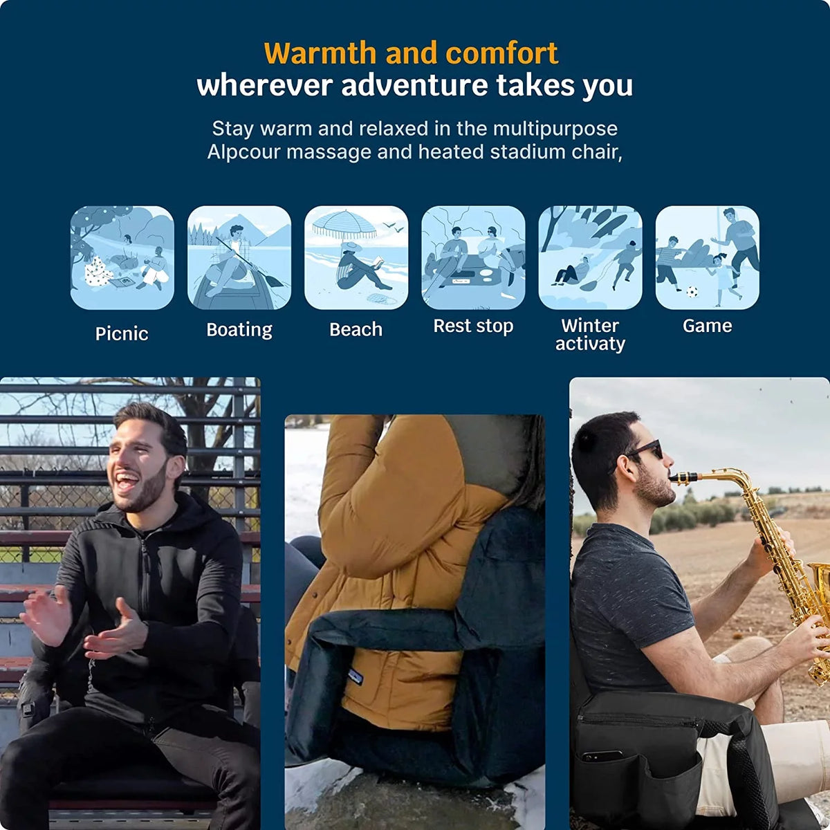 Back Alpcour Thick Chair Waterproof Massage Black - X-Wide Wide Stadium Extra - Seat Heated Support Reclining with