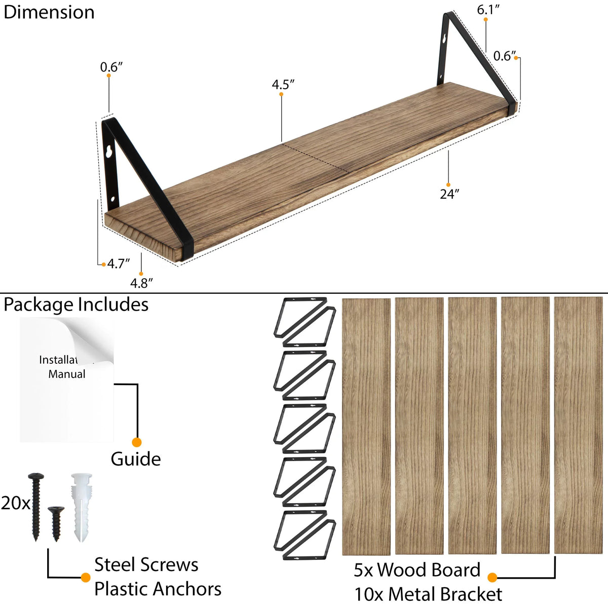 5 Shelf Mounted Room Natural Bedroom, Rustic Wall Ponza of for 24" Living with Brackets Kitchen Wallniture Burned, Floating Set