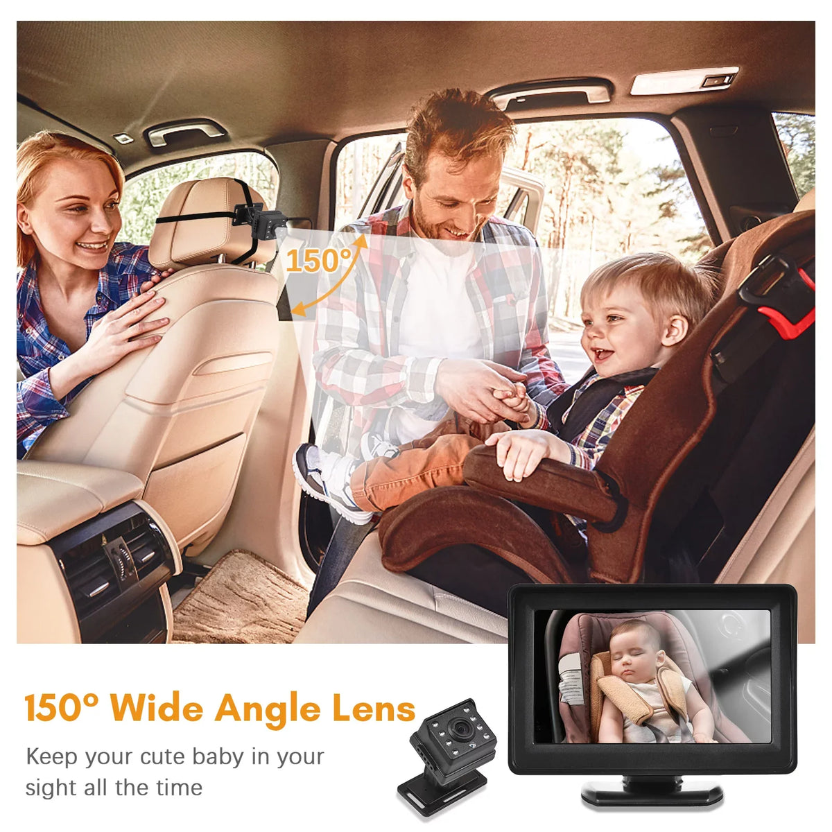 for Monitor Car View Vision Easy Camera Night Baby Mirror Seat 4.3 Rear Inch Installation 720P moobody Seat Mirror Monitor Display Baby 150° Facing Wide Camera Car Baby Car