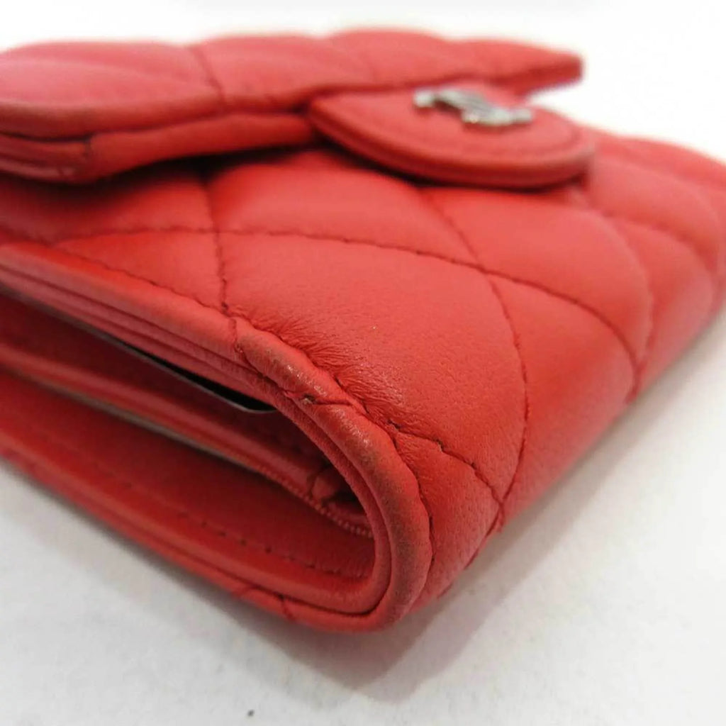 Small Pre-Owned Mini Trifold Women's Wallet Series CHANEL Red Orange Silver Metal (Good) Matelasse Lambskin Fittings Chanel