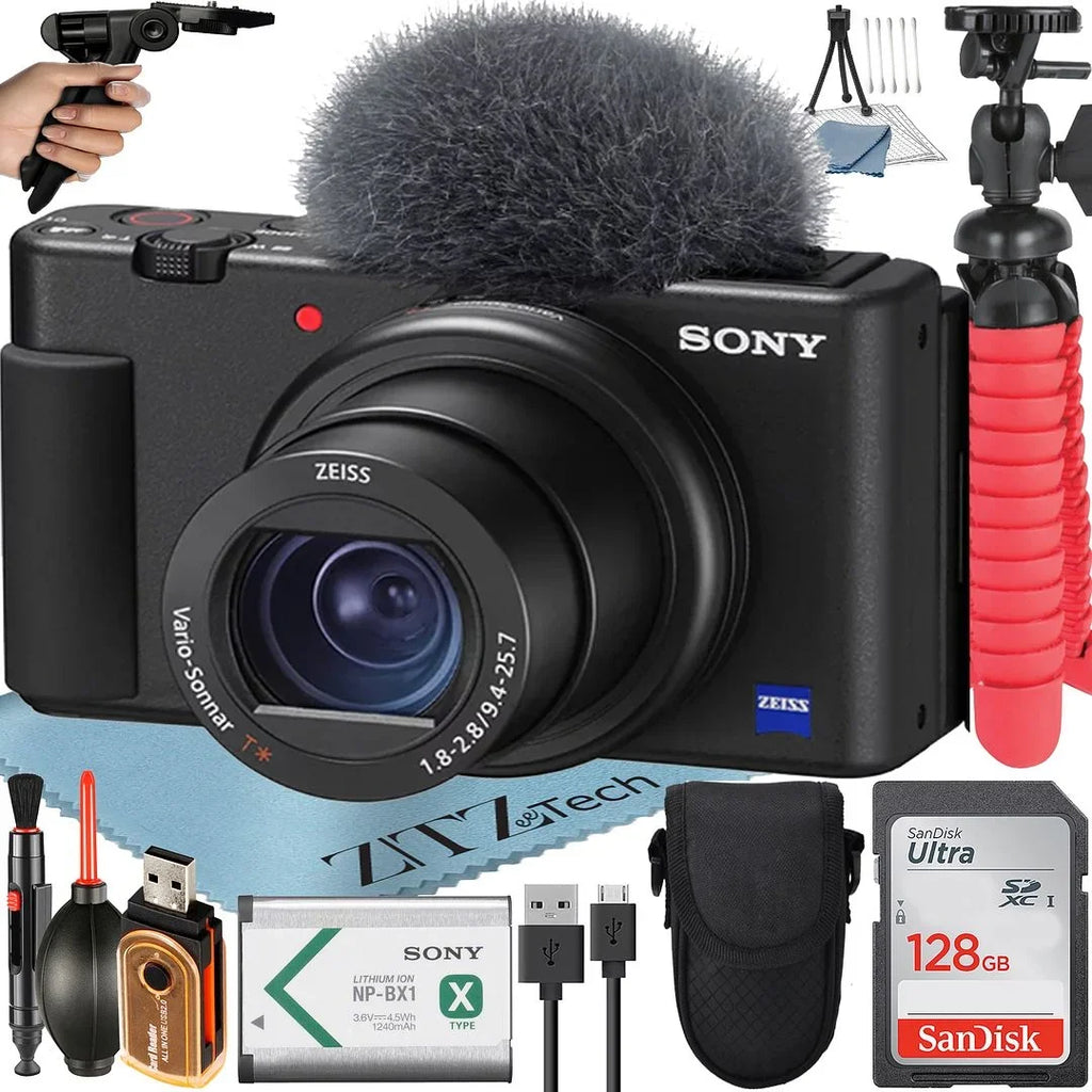 Bundle Memory ZeeTech Vlogging ZV-1F Sony 128GB Accessory + + Card SanDisk (Black) Camera with Tripod