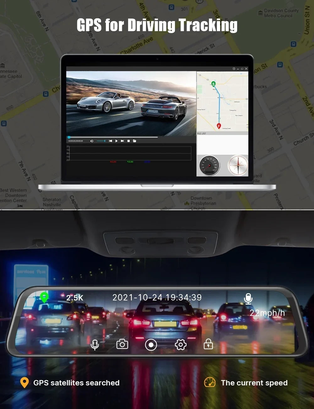 Emergency w/Anti-Glare, Waterproof TOGUARD 12" Mirror Dash Rear Voice with 2.5K Camera, Cam Control Front and Lock, Parki Vision Cam Rear Dash with View Wireless Backup Night GPS, Screen, Touch Mirror