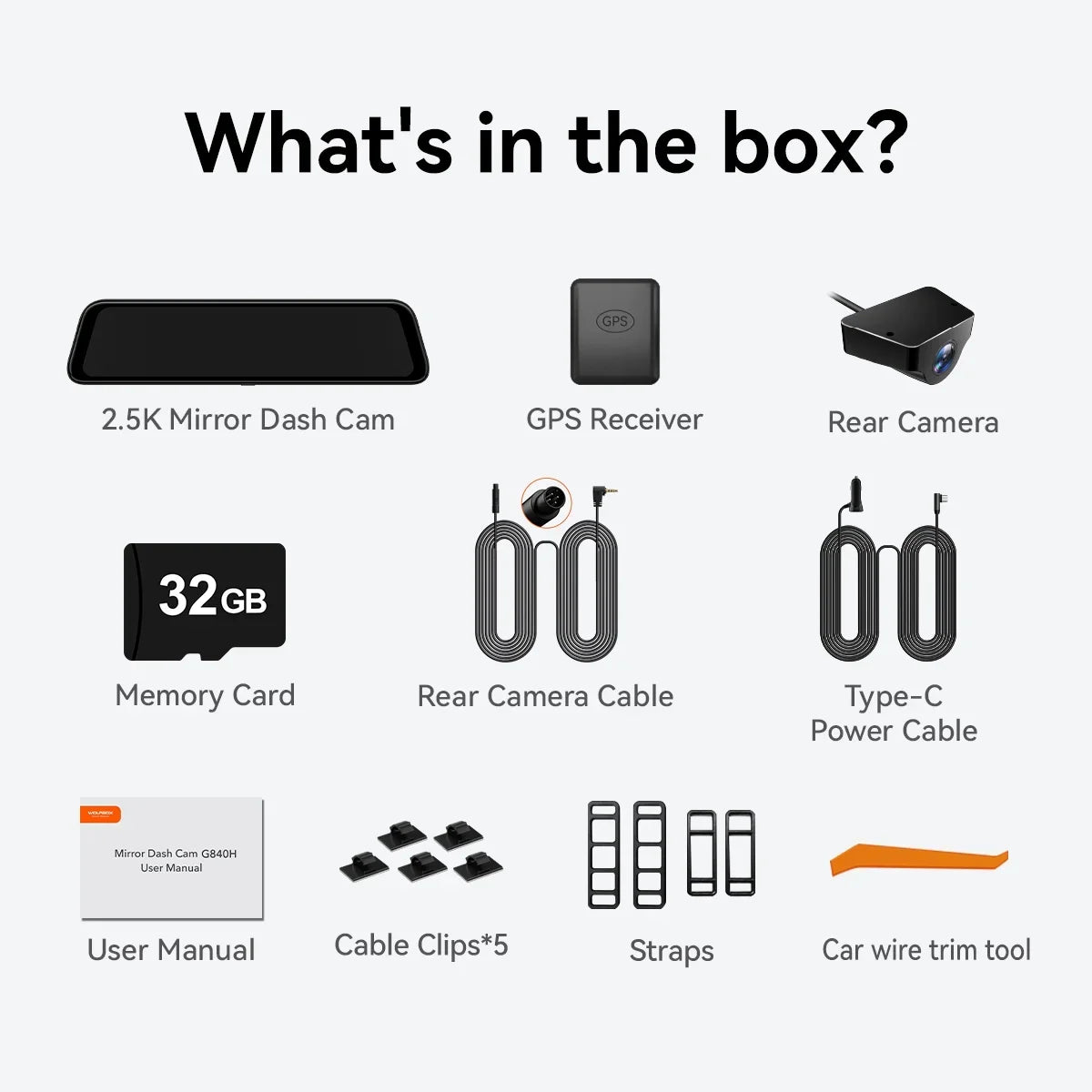 Monitor, Mirror Cam Vision, Rear Camera, Parking 2.5K Free WOLFBOX 32GB with Camera, Dash View GPS, Wi-Fi Built-in Card and Front Night 1080P 12'' Rear Mirror