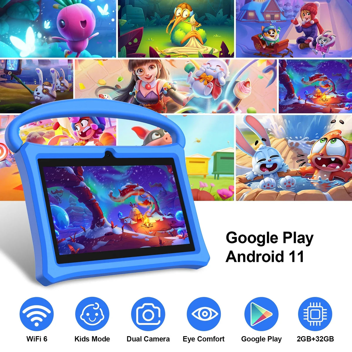 7 11 Play(Blue) Tablet, Kids Android Learning Apps Case, Parental Protective Bluetooth, Control for RAM ROM, Pre-Installed Tablet 32GB BAKEN 2GB inch Google WiFi6, Toddlers Kid-Proof Children Tablet,