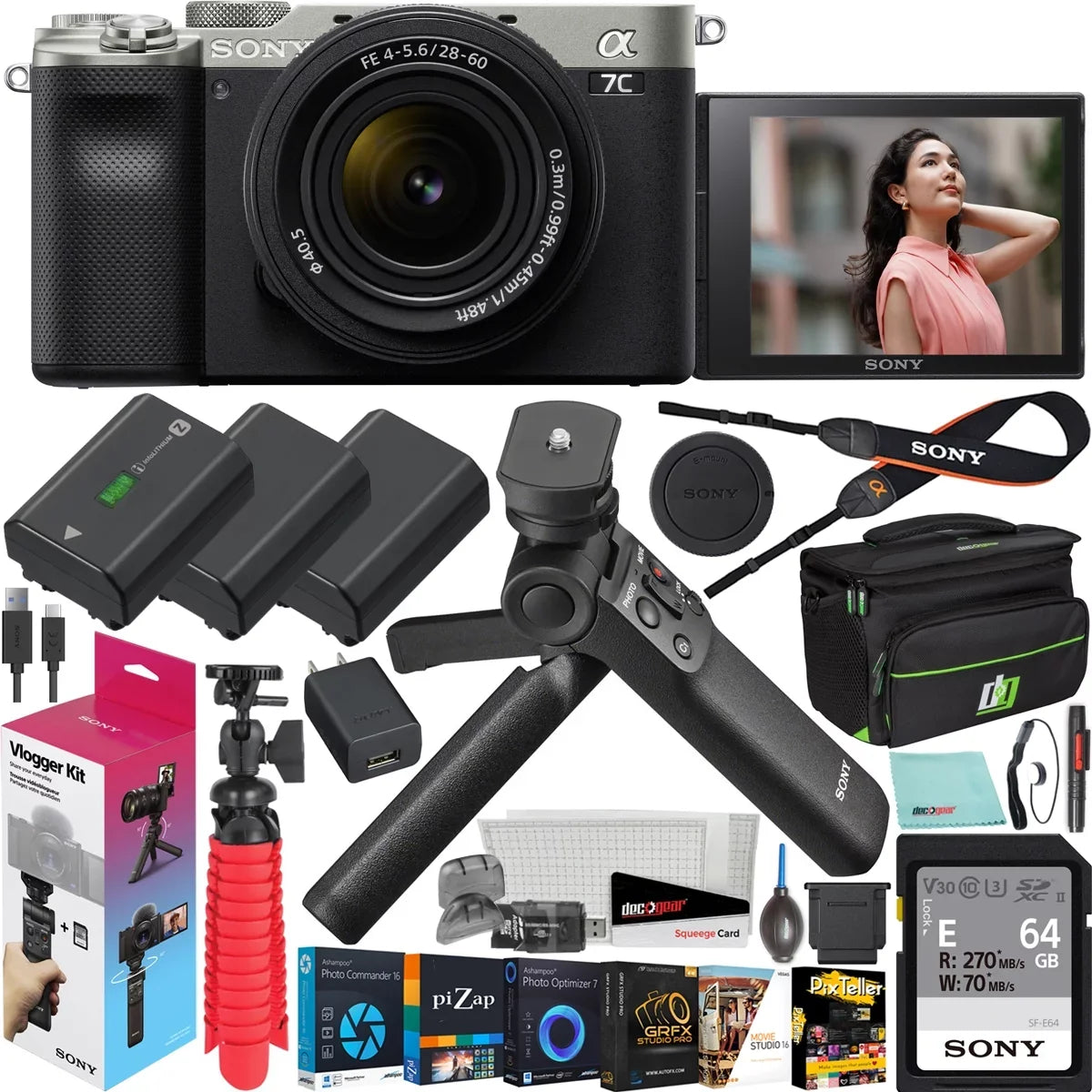 Accessories Body 2x with Wireless Battery + F4-5.6 Deco Vlogger + 28-60mm Bag + Gear Shooting Grip Remote a7C w. Full Bundle Kit GP-VPT2BT Camera ILCE7CL/S & ACCVC1: Frame Mirrorless Sony Silver Lens