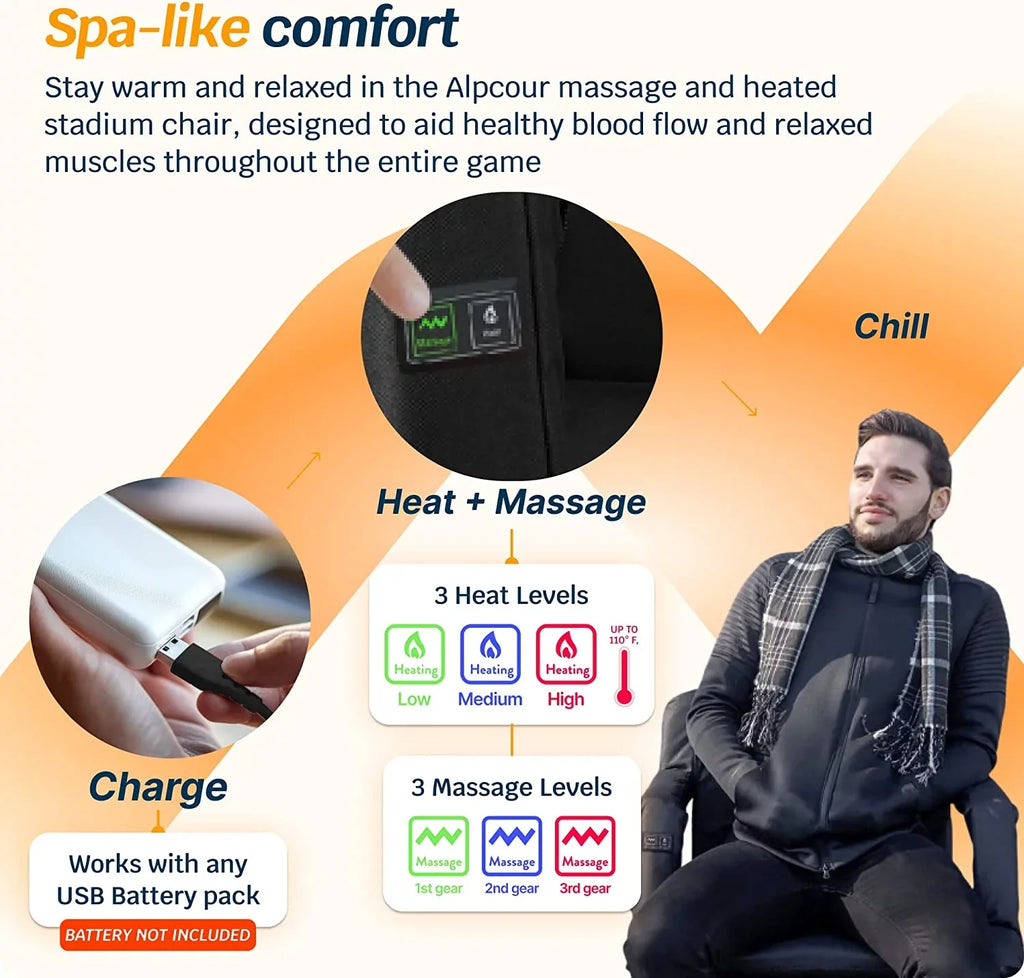 Back Alpcour Thick Chair Waterproof Massage Black - X-Wide Wide Stadium Extra - Seat Heated Support Reclining with