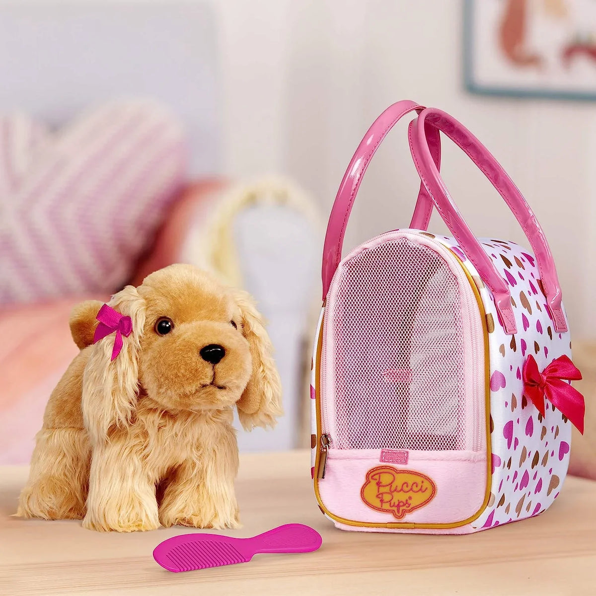 Pucci Spaniel, Glam inches 8 Gold Heart Pink Battat Pups w/Cocker Print & Bag by