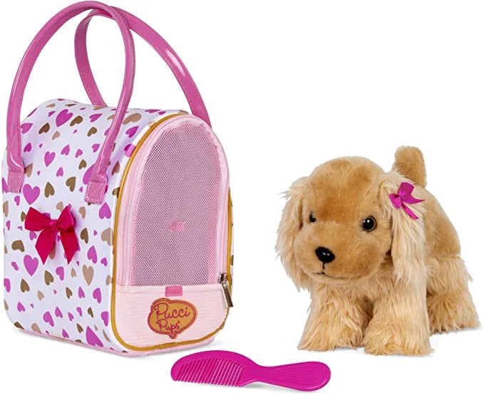 Pucci Spaniel, Glam inches 8 Gold Heart Pink Battat Pups w/Cocker Print & Bag by