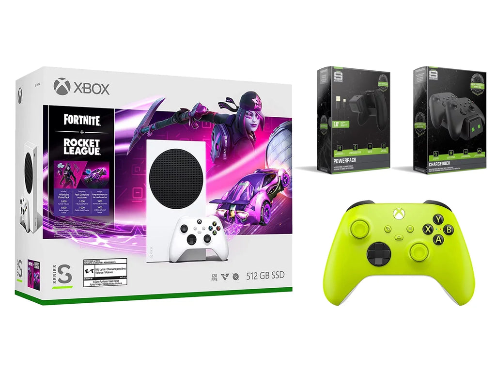 Microsoft Charge Cable/Battery Controller, Console and Dual Rocket Extra S Charge Electric League Series Xbox with Fortnite Volt Dock