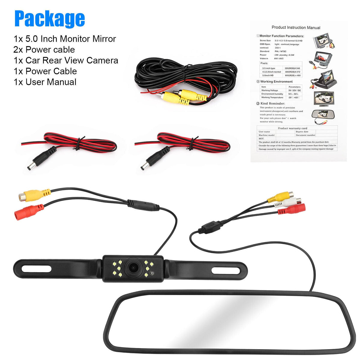 Parking View Car + Camera Monitor Night Vision Kit Backup Rear Mirror System 5"