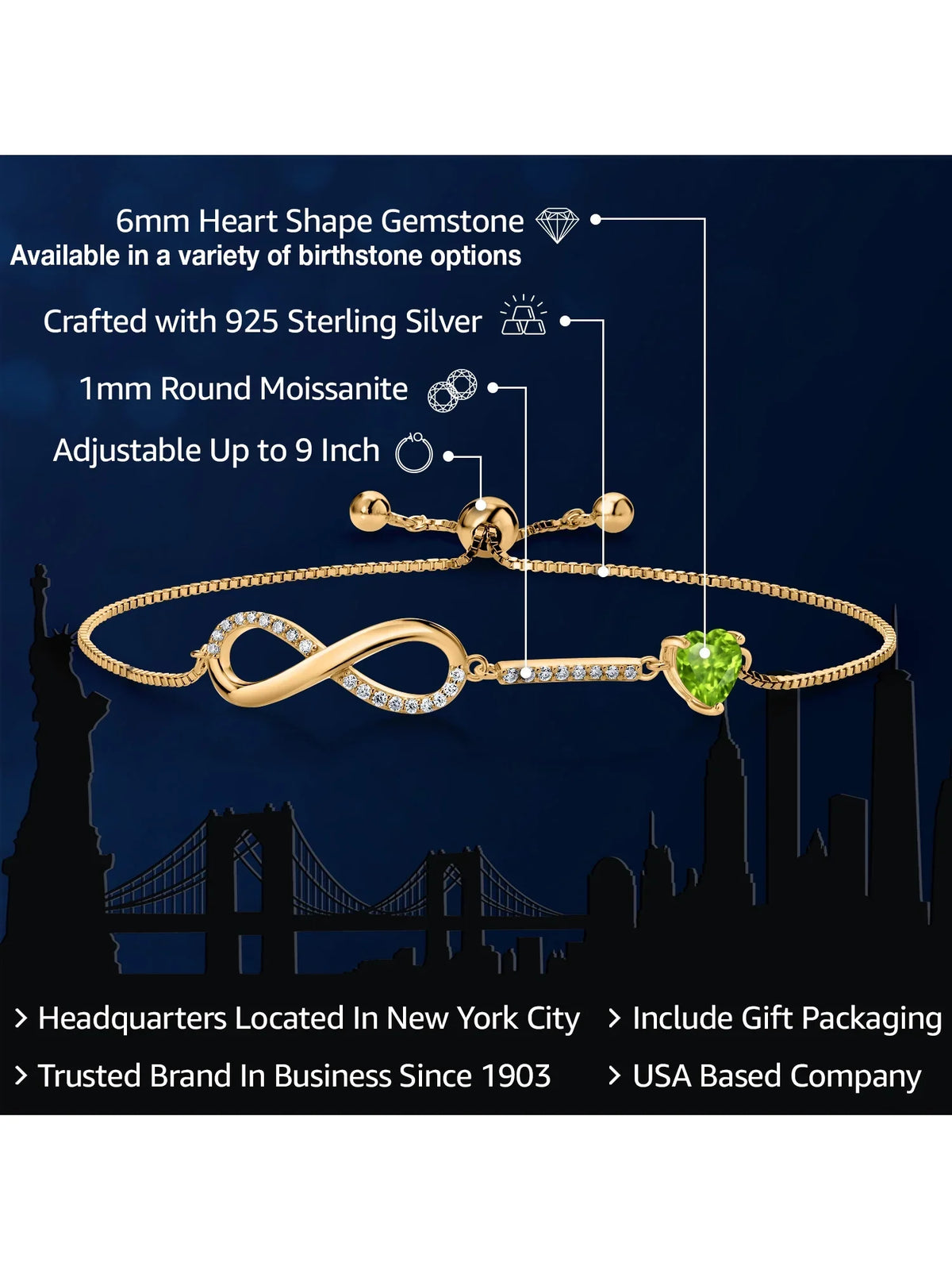 and King Stone Gold inch) to Chain Plated with 9 Women 18K Up Fully Heart For Silver Gem Peridot Adjustable (0.90 Cttw, Moissanite Bracelet Infinity Yellow Box