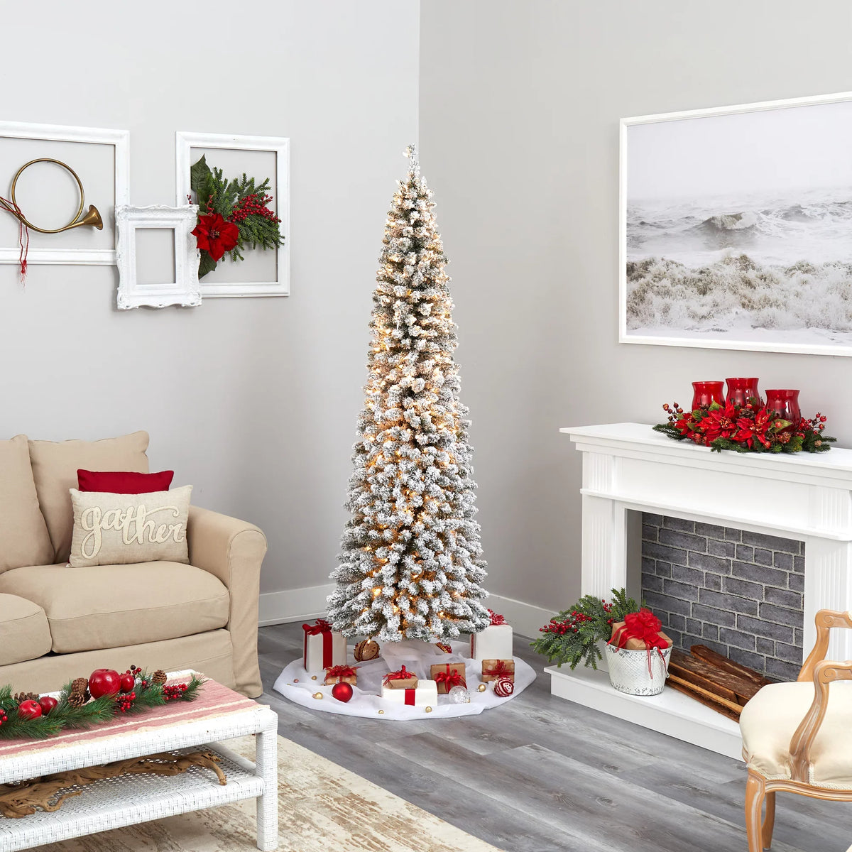 Artificial Pencil White Nearly Clear Lights Natural Prelit Christmas Flocked 7' 400 Tree