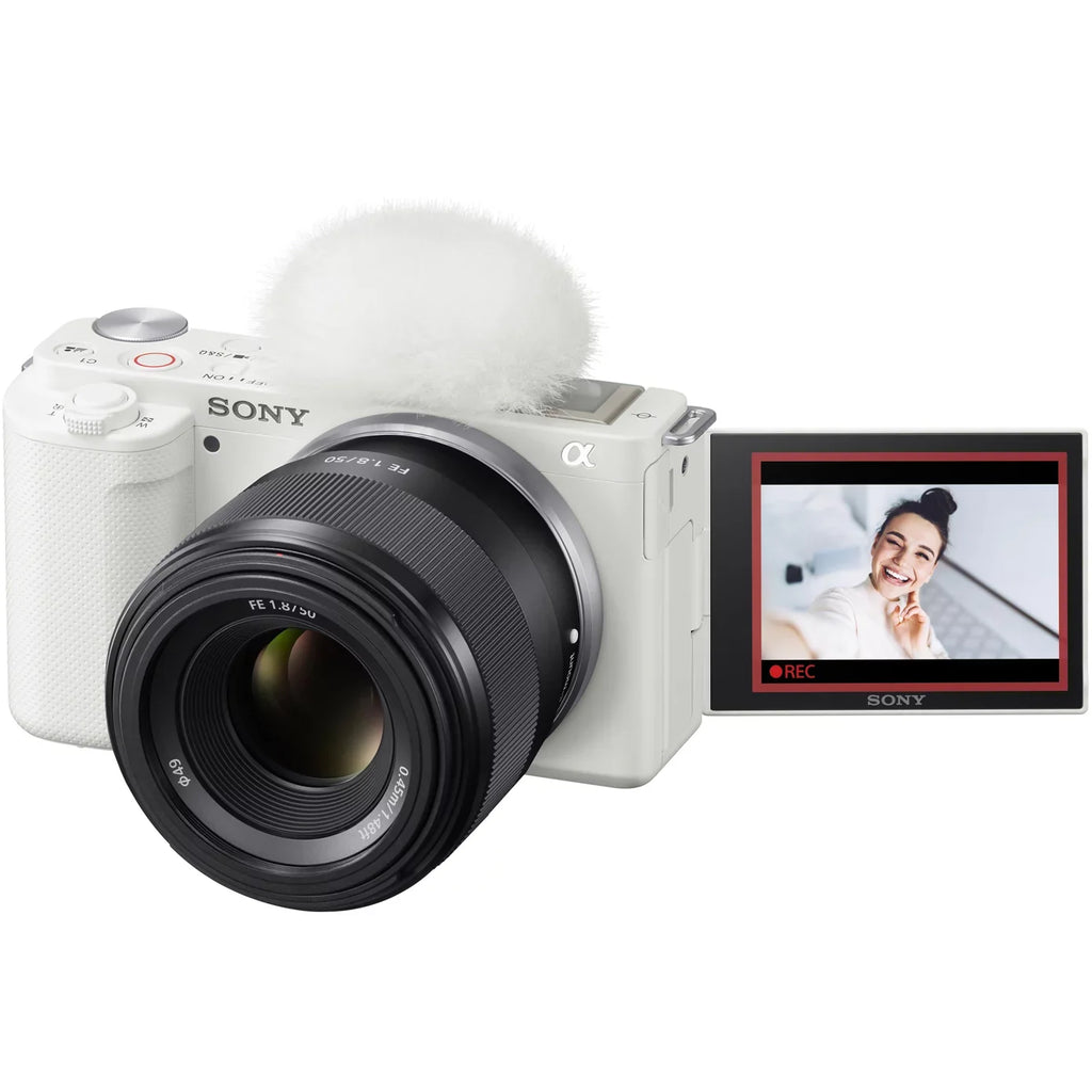 Body Camera and White Case Large Video Sony Battery + Vlog F1.8 APS-C Gear Lens Deco Extra FE Accessories Aperture 50mm Kit ZV-E10 Bundle with SEL50F18F Photo Mirrorless Alpha + ILCZV-E10/W
