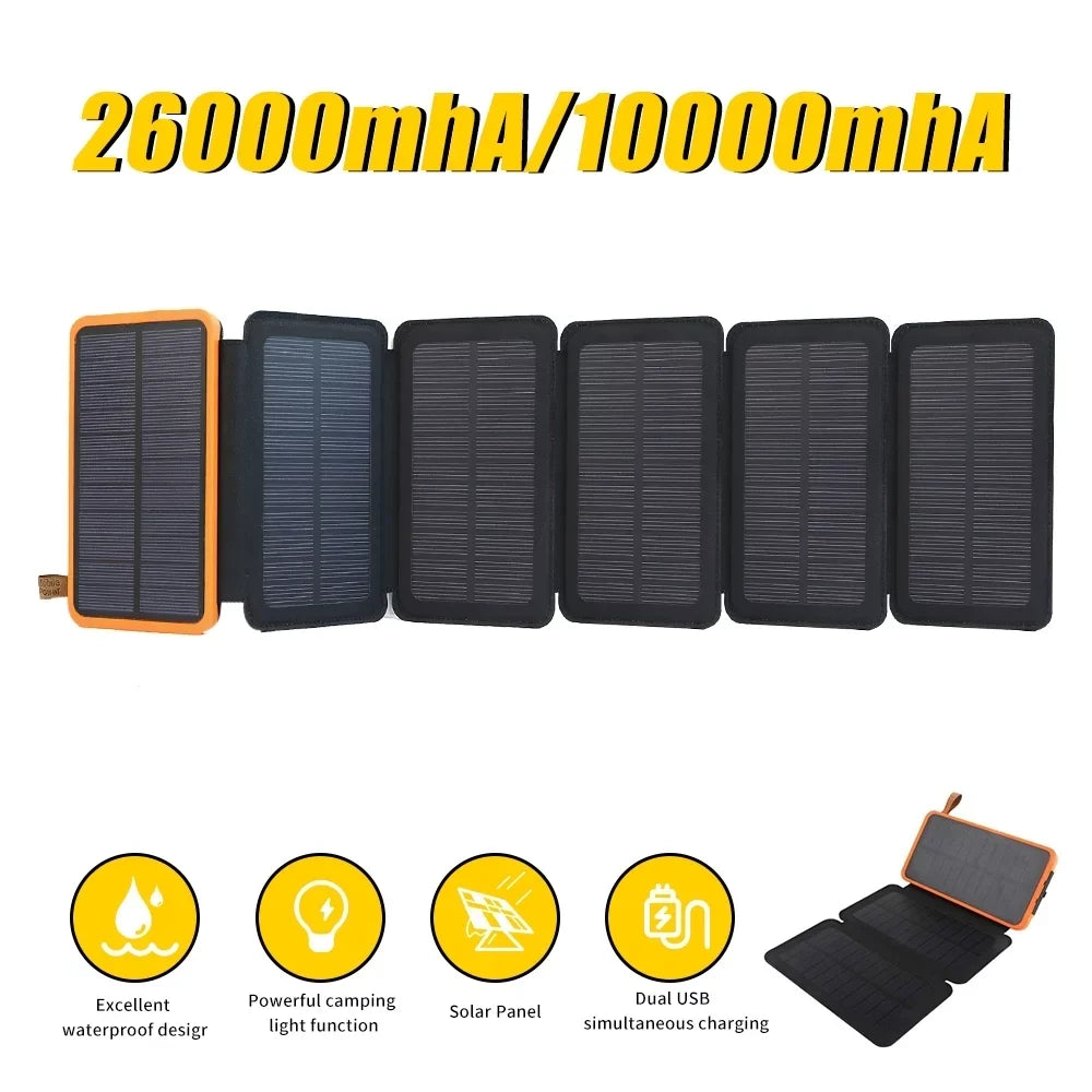 Outdoor Power USB Pack Tablets Bank, Battery for Phones, Portable Charge Charger 26000mAh, Fast Solar