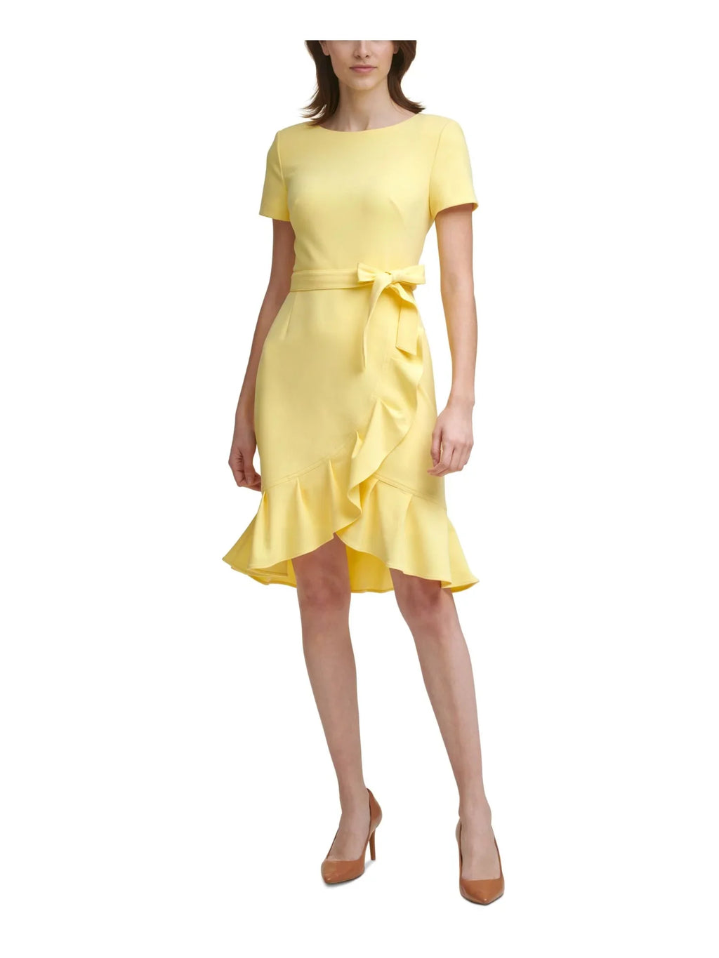 Party Sash Sleeve 0P Crepe Length Hem Neck Zippered Womens Stretch Scuba KLEIN Petites Sheath CALVIN Tulip Tie Short Dress Ruffled Round Knee Yellow