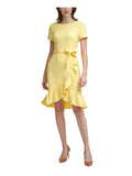 Party Sash Sleeve 0P Crepe Length Hem Neck Zippered Womens Stretch Scuba KLEIN Petites Sheath CALVIN Tulip Tie Short Dress Ruffled Round Knee Yellow