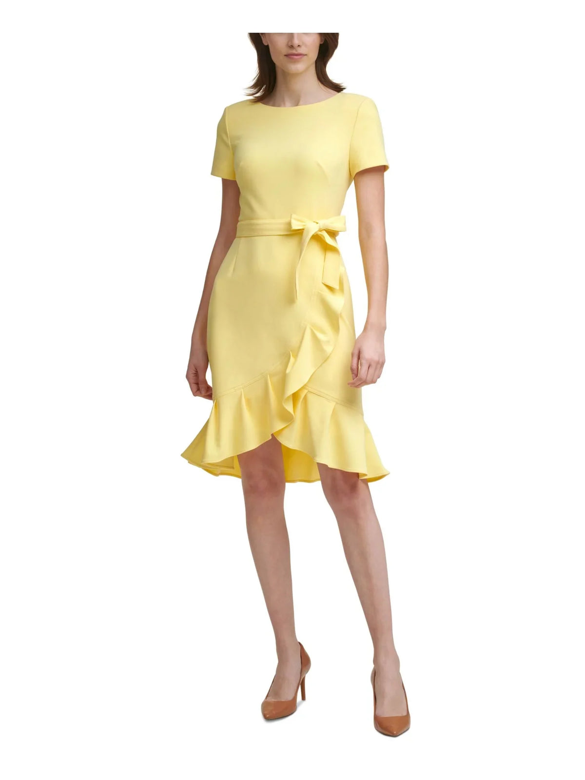 Party Sash Sleeve 0P Crepe Length Hem Neck Zippered Womens Stretch Scuba KLEIN Petites Sheath CALVIN Tulip Tie Short Dress Ruffled Round Knee Yellow