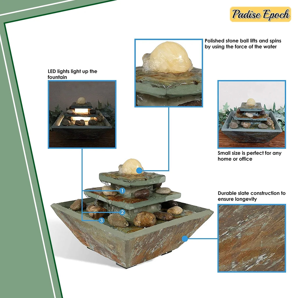 Room for Stone or Electric Tie Accent - and Decor Inch Fountain - Ball Corded Living Home Polished Light Ascending Bedroom Office, LED 8 with Tabletop Slate - Water
