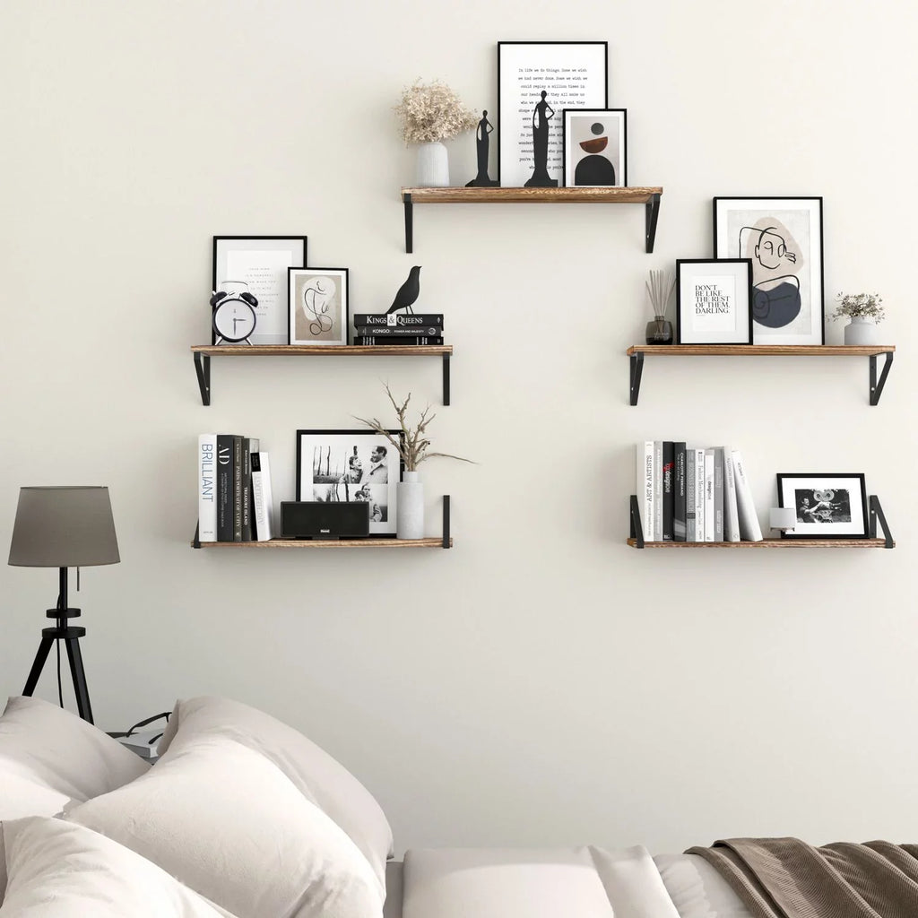 5 Shelf Mounted Room Natural Bedroom, Rustic Wall Ponza of for 24" Living with Brackets Kitchen Wallniture Burned, Floating Set