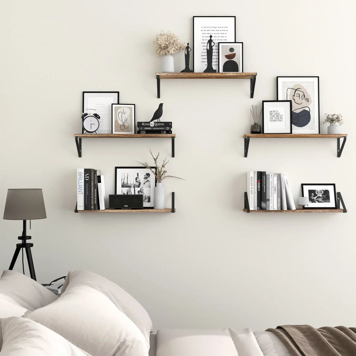 5 Shelf Mounted Room Natural Bedroom, Rustic Wall Ponza of for 24" Living with Brackets Kitchen Wallniture Burned, Floating Set